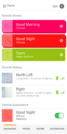 Hunter Douglas PowerView App Dashboard for smart blinds