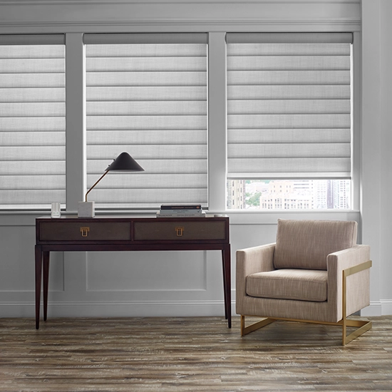 Grey Pirouette Sheer Blinds For Windows In Office Of Castle Rock CO Home