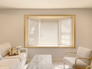Bay window with cordless Hunter Douglas Parkland Natural Wood Blinds