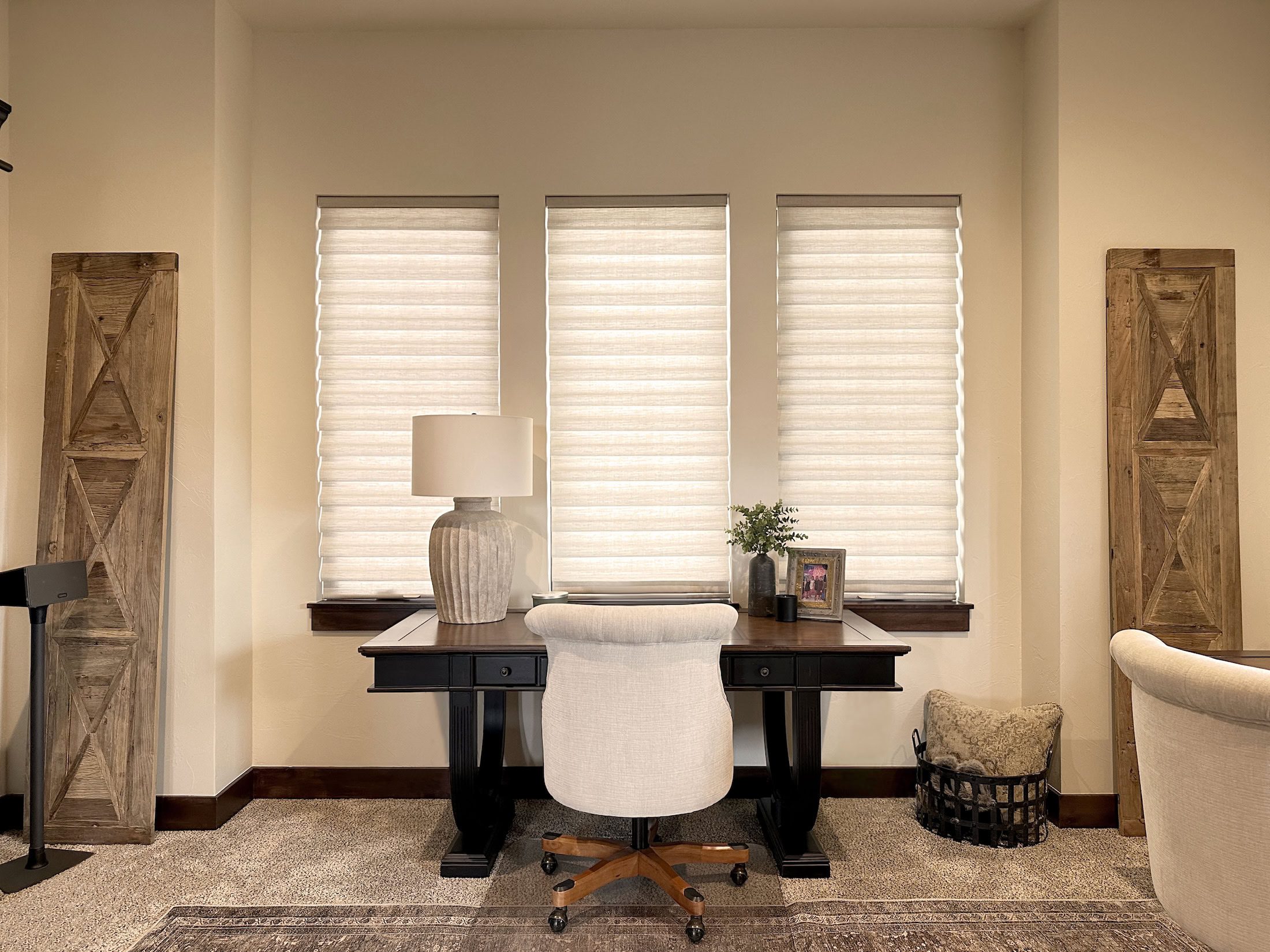 Hunter Douglas Vignette Roman Shades with LiteRise and Light Filtering Fabric for Colorado Home Office