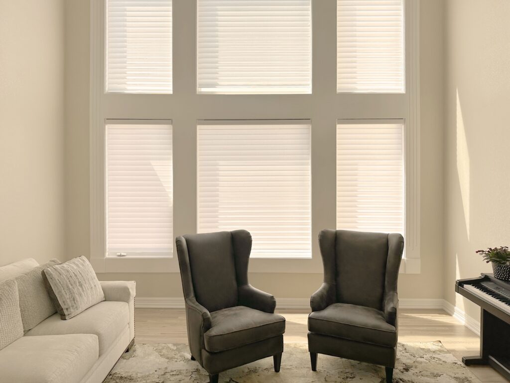 Custom Hunter Douglas Silhouette Privacy Sheers with LiteRise and Light Filtering Fabric for living room and hard-to-reach windows
