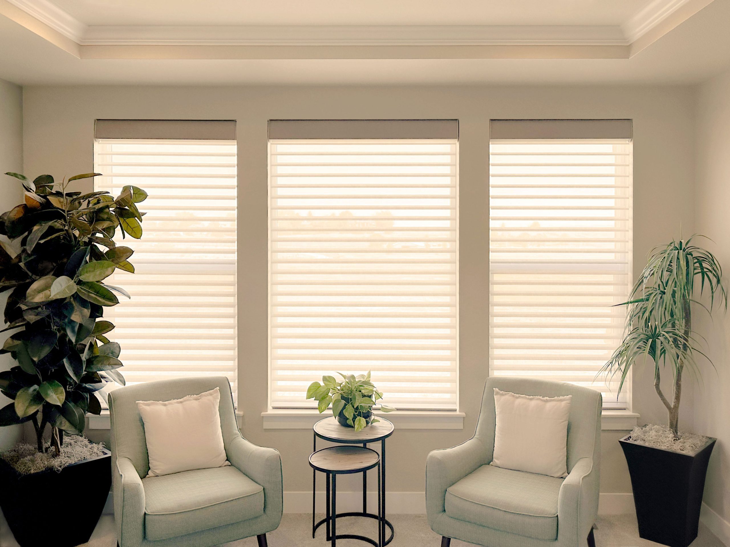 Hunter Douglas Nantucket Sheer Shades with Light Filtering fabric, Bottom Up design, and PowerView motorized operation
