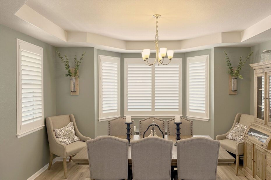 Hunter Douglas Palm Beach Polysatin Shutters with front center tilt control and Z frame for classic style and dependable light control