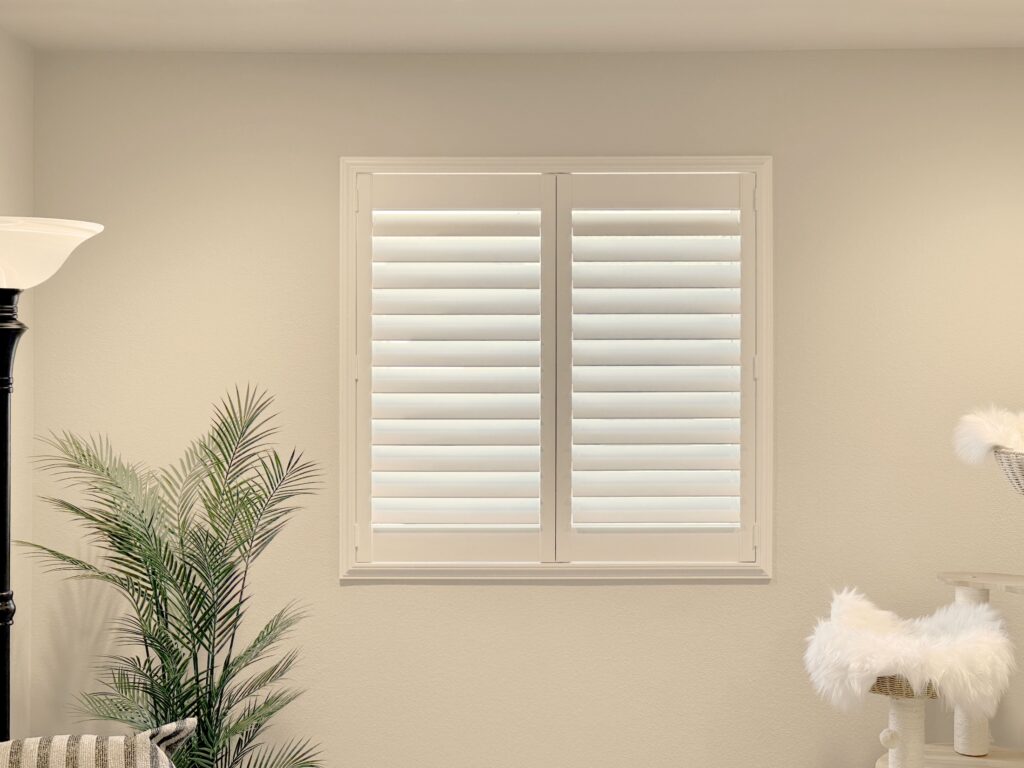Hunter Douglas Palm Beach Polysatin Shutters with Hidden Tilt and Z Frame are perfect for Colorado homes