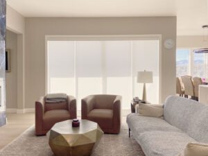 Hunter Douglas Designer Roller Shades with PowerView motorization and light filtering fabric for smooth, modern light control