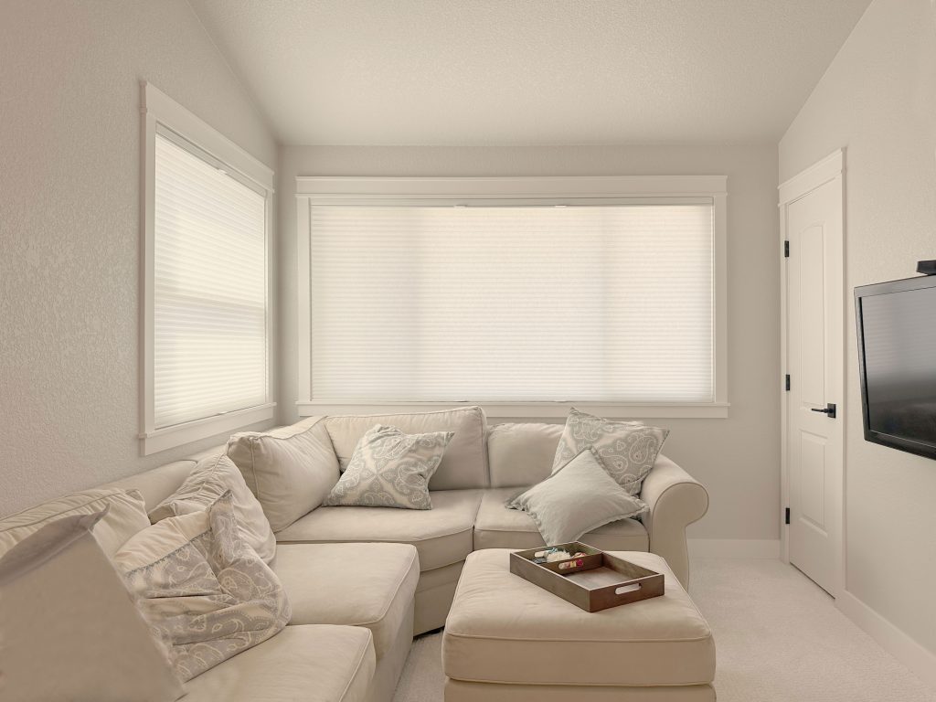 Hunter Douglas Duette Cellular Shades with LiteRise operation, Top-Down Bottom-Up functionality, and light filtering fabric in Boulder homes