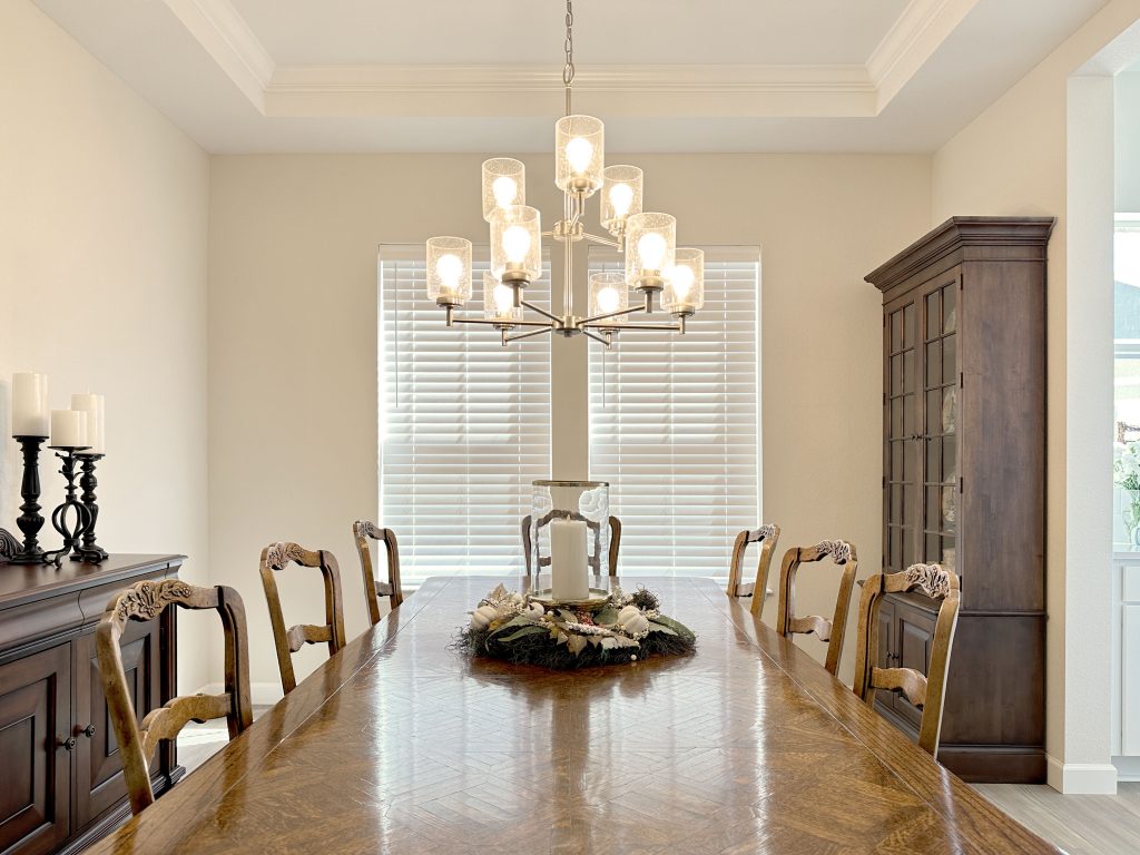Hunter Douglas EverWood Composite Wood Blinds in Boulder dining room featuring SimpleLift operation