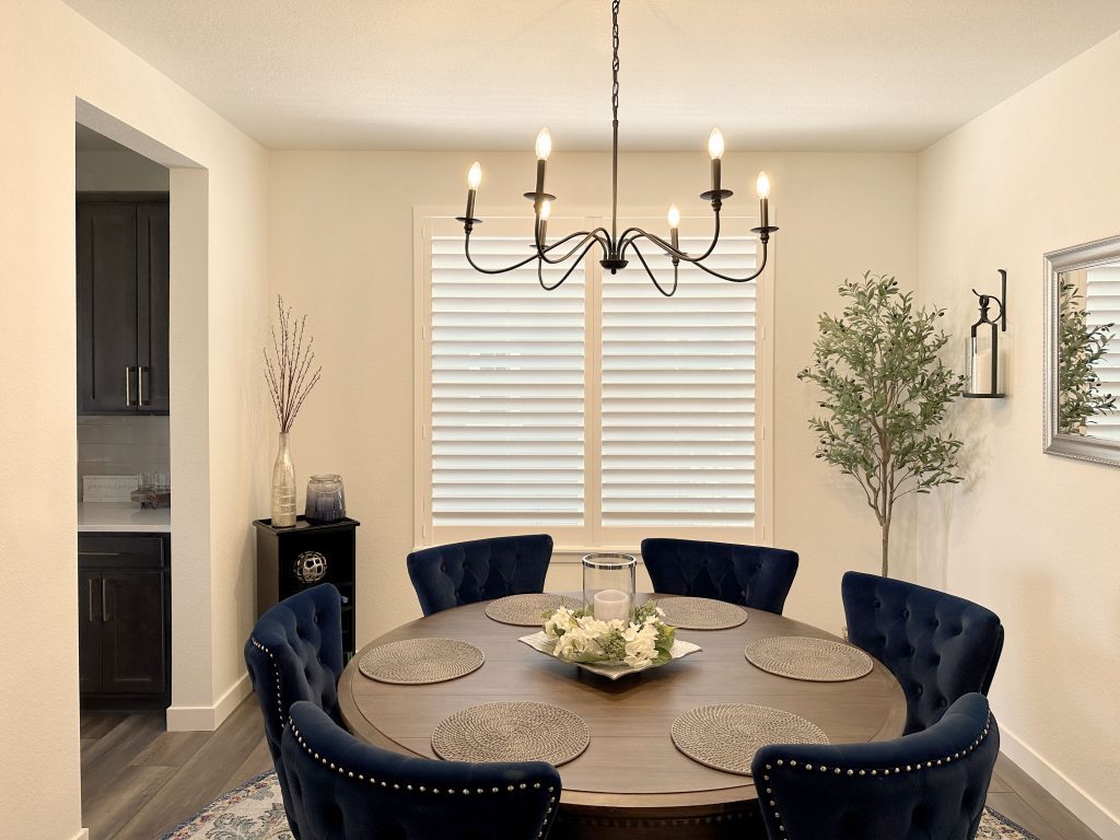 Hunter Douglas Palm Beach Polysatin Shutters with Hidden Tilt and Z Frame installation in Boulder dining room