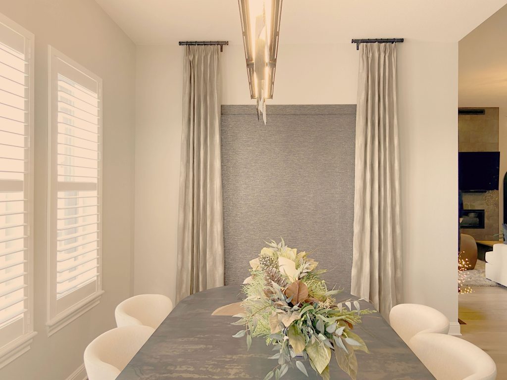 Hunter Douglas Palm Beach Polysatin Shutters and Designer Roller Shades with side panels by Carole Fabrics in Boulder featuring hidden tilt, PowerView Automation, Z frame, and room darkening fabrics