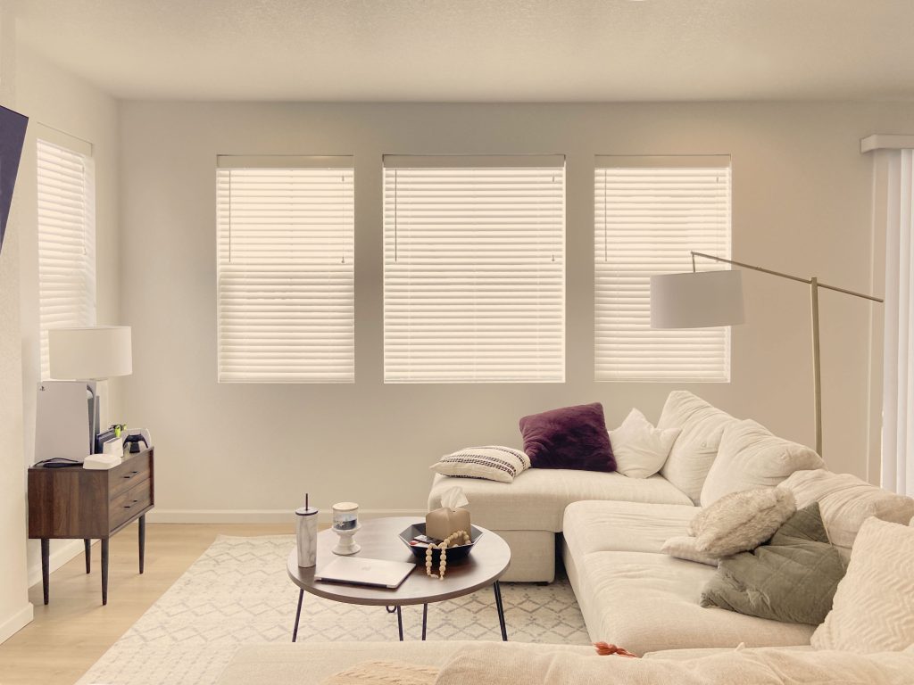 Hunter Douglas Parkland Natural Wood Blinds in Boulder with cord lock operation