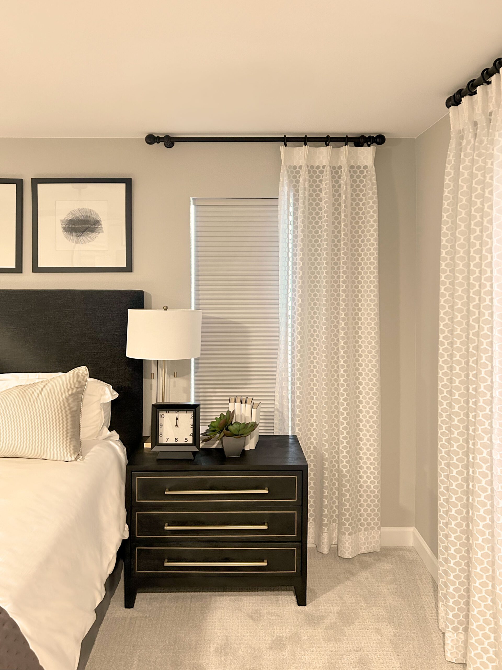 Hunter Douglas Applause Cellular Shades with LiteRise operation and room-darkening fabric layered with curtains for Colorado Springs home