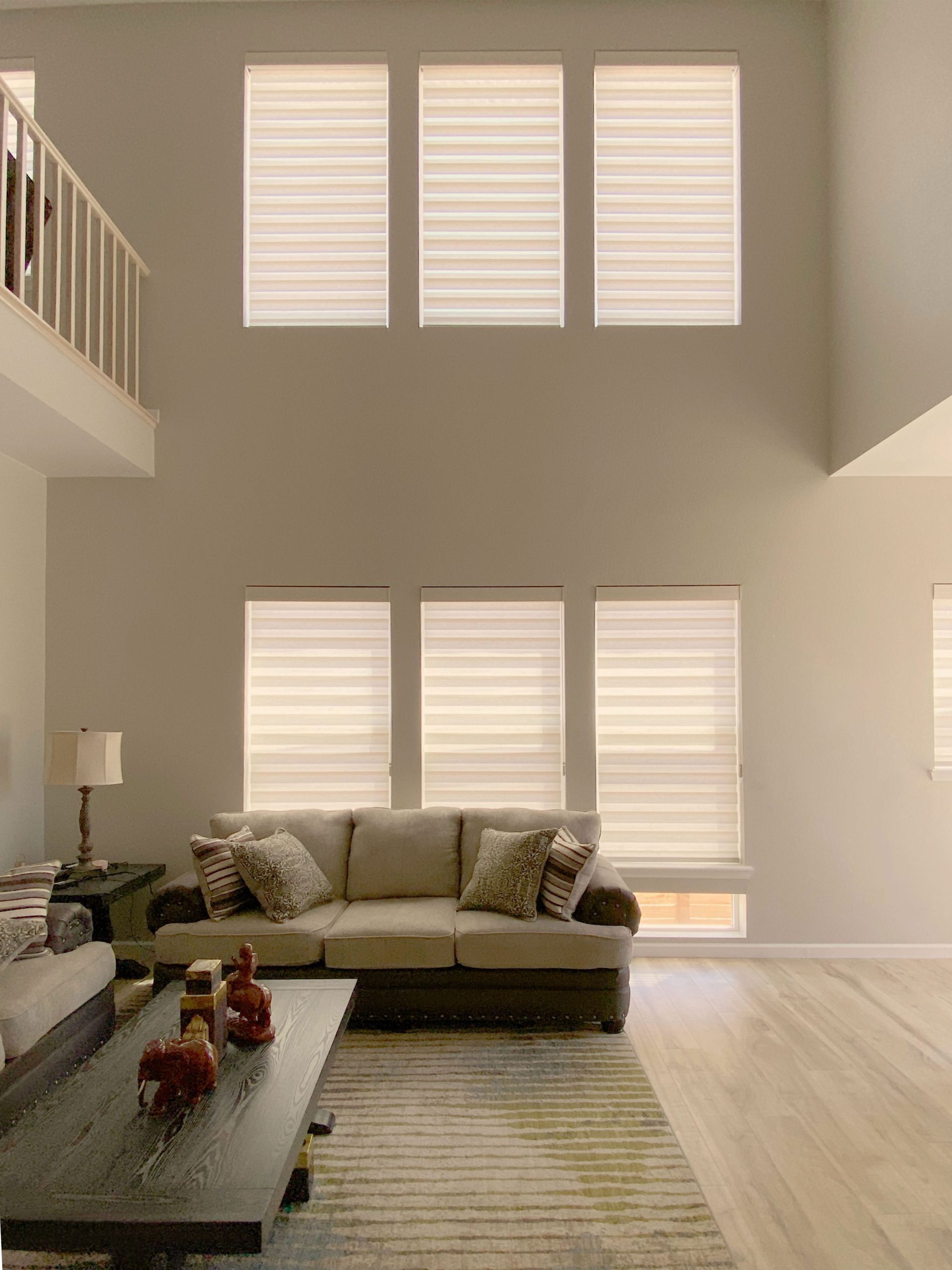Hunter Douglas Designer Banded Shades with PowerView Automation, Custom Clutch operation, and light filtering fabric for Colorado Springs home