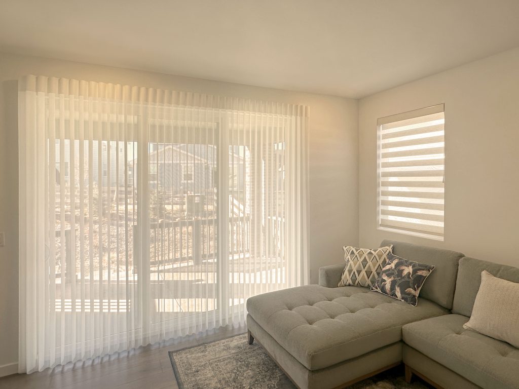 Hunter Douglas Luminette Privacy Sheers and Designer Banded Shades with wand control, UltraGlide operation, and right stack configuration for Denver home