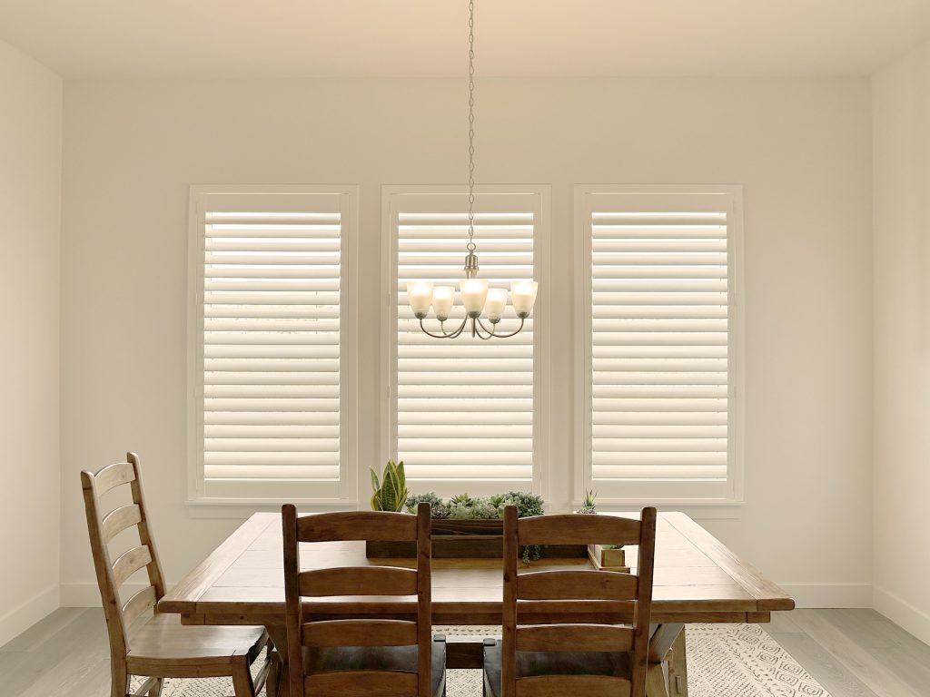 Hunter Douglas Palm Beach Polysatin Shutters in Denver Home with hidden tilt system and L frame design