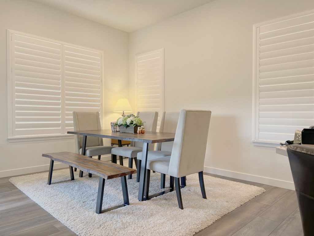 Hunter Douglas Palm Beach Polysatin Shutters installed in Denver Home with hidden tilt system and Z frame design