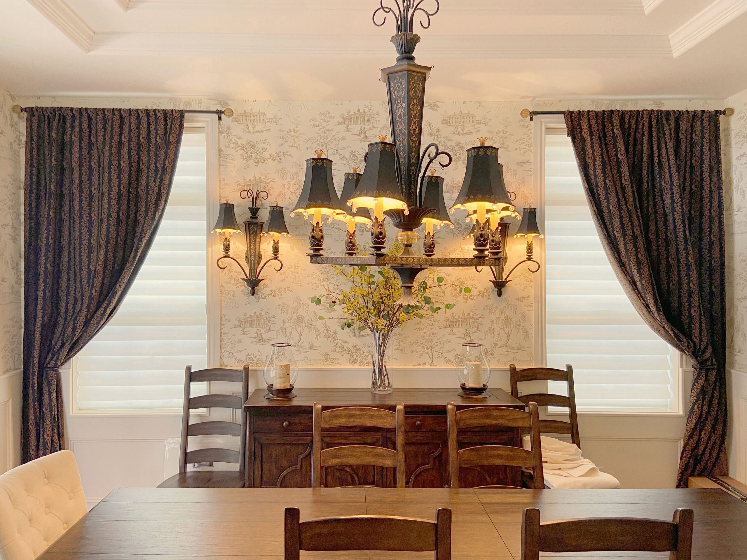 Hunter Douglas Vignette Roman Shades with EasyRise operation and curtains for Fort Collins home