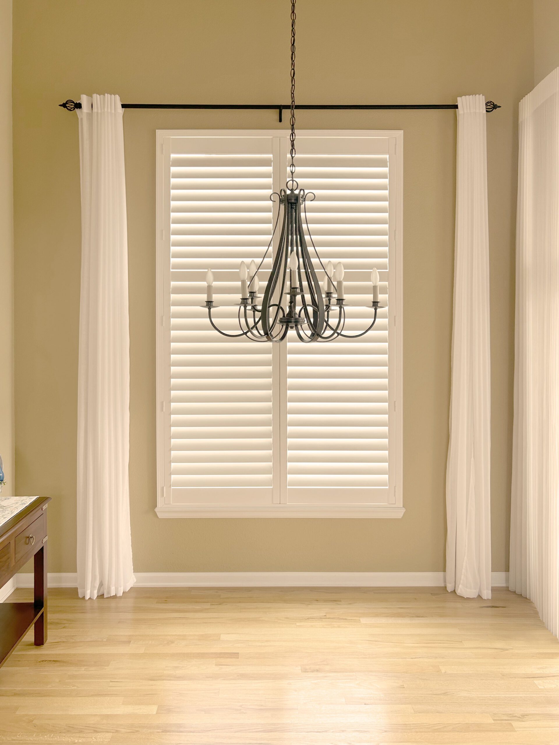 Custom Hunter Douglas Palm Beach Polysatin Shutters with Hidden Tilt system and Z Frame installed in Littleton home