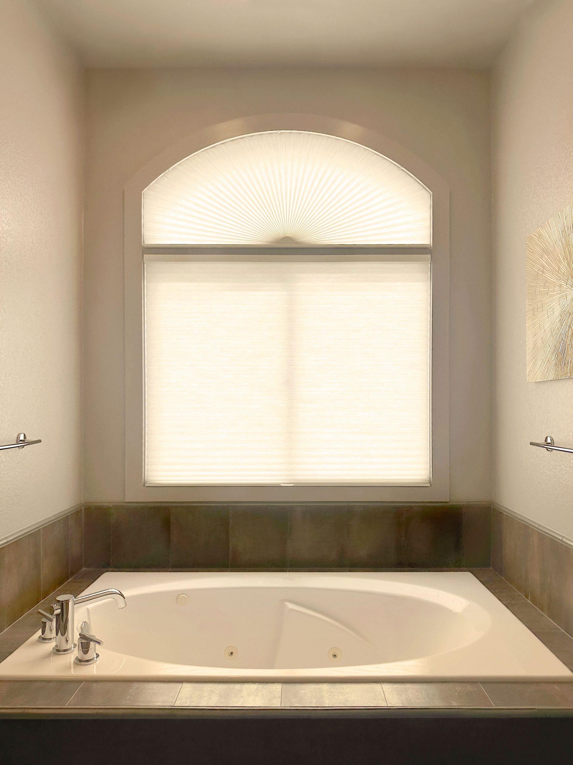 Hunter Douglas Duette Cellular Shades with LiteRise operation, non-operable specialty shape design, and light filtering fabric