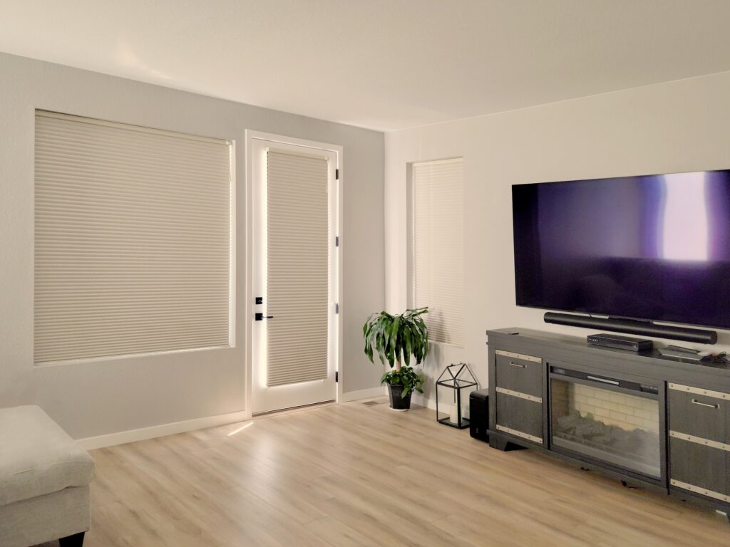 Hunter Douglas Applause Cellular Shades with Ultraglide and Room Darkening fabric for windows and doors inside Aurora home
