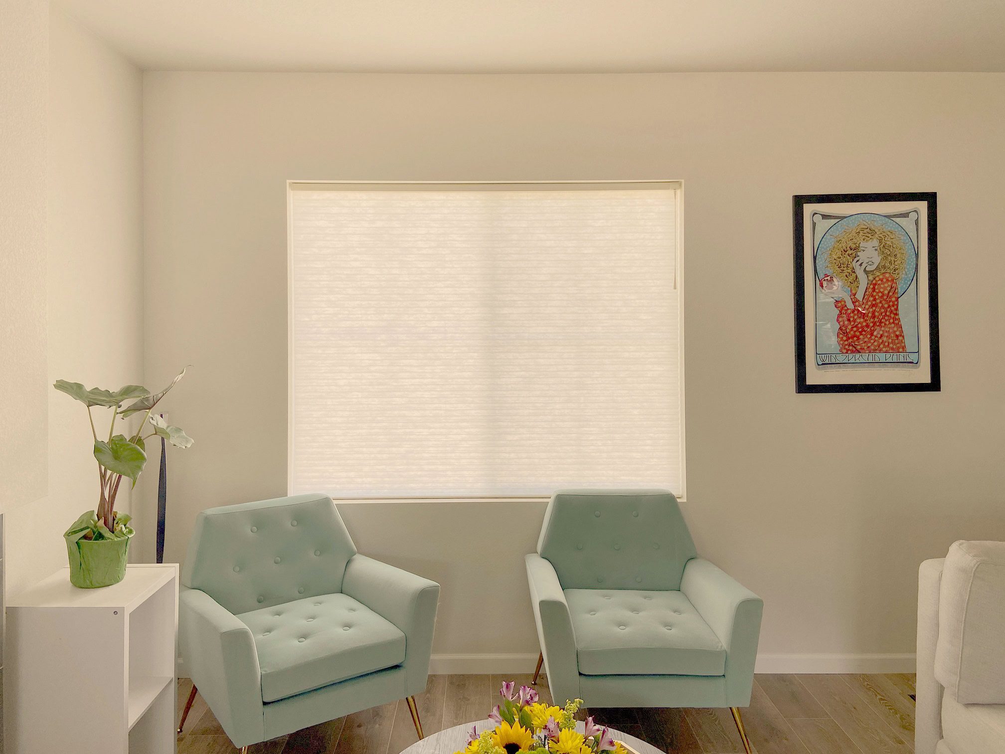 Hunter Douglas Applause® Cellular Shades with the UltraGlide® operating system and light filtering fabric installed in Centennial living room