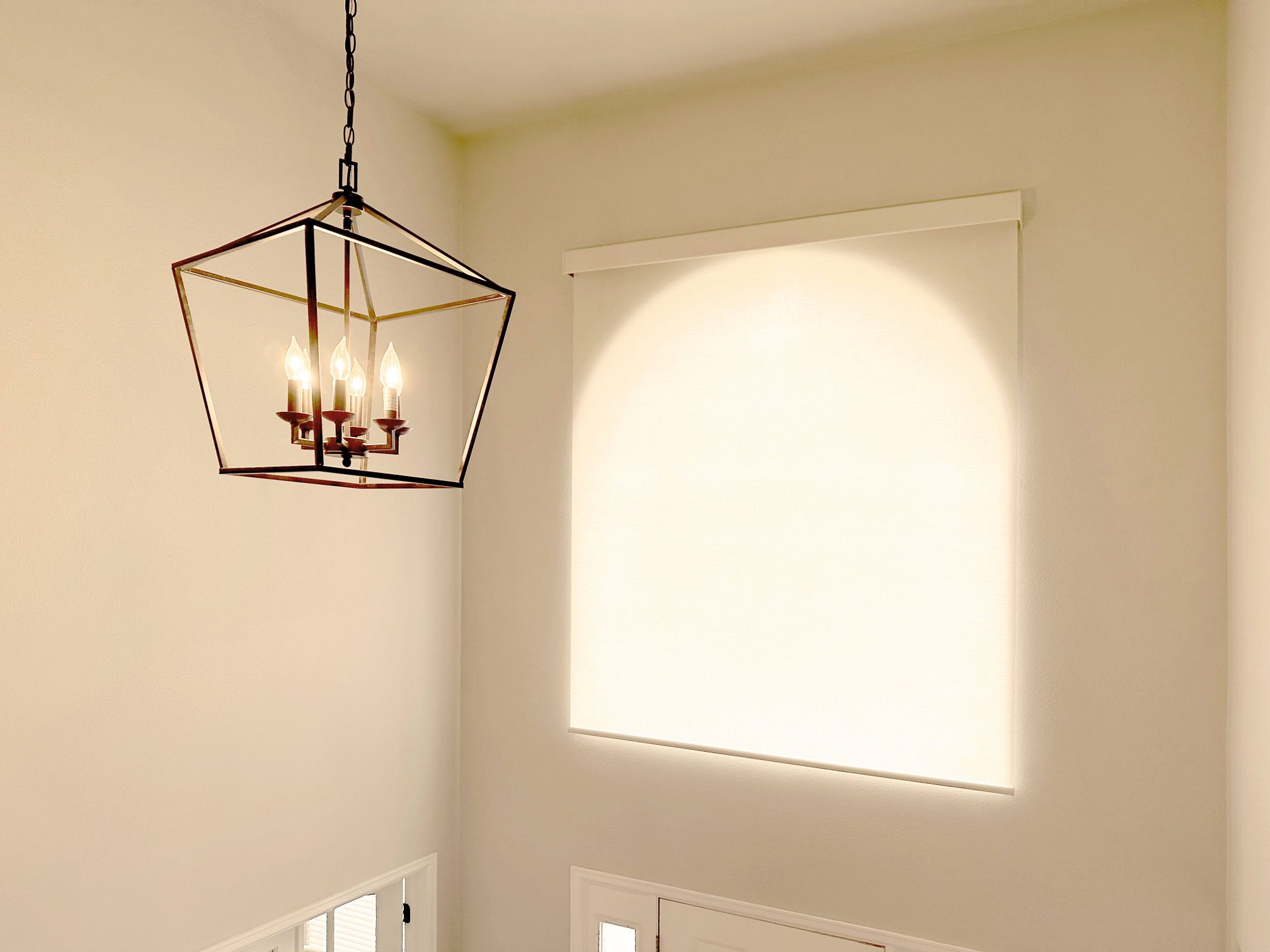 Motorized Hunter Douglas Designer Roller Shades for hard-to-reach windows in Colorado Springs home