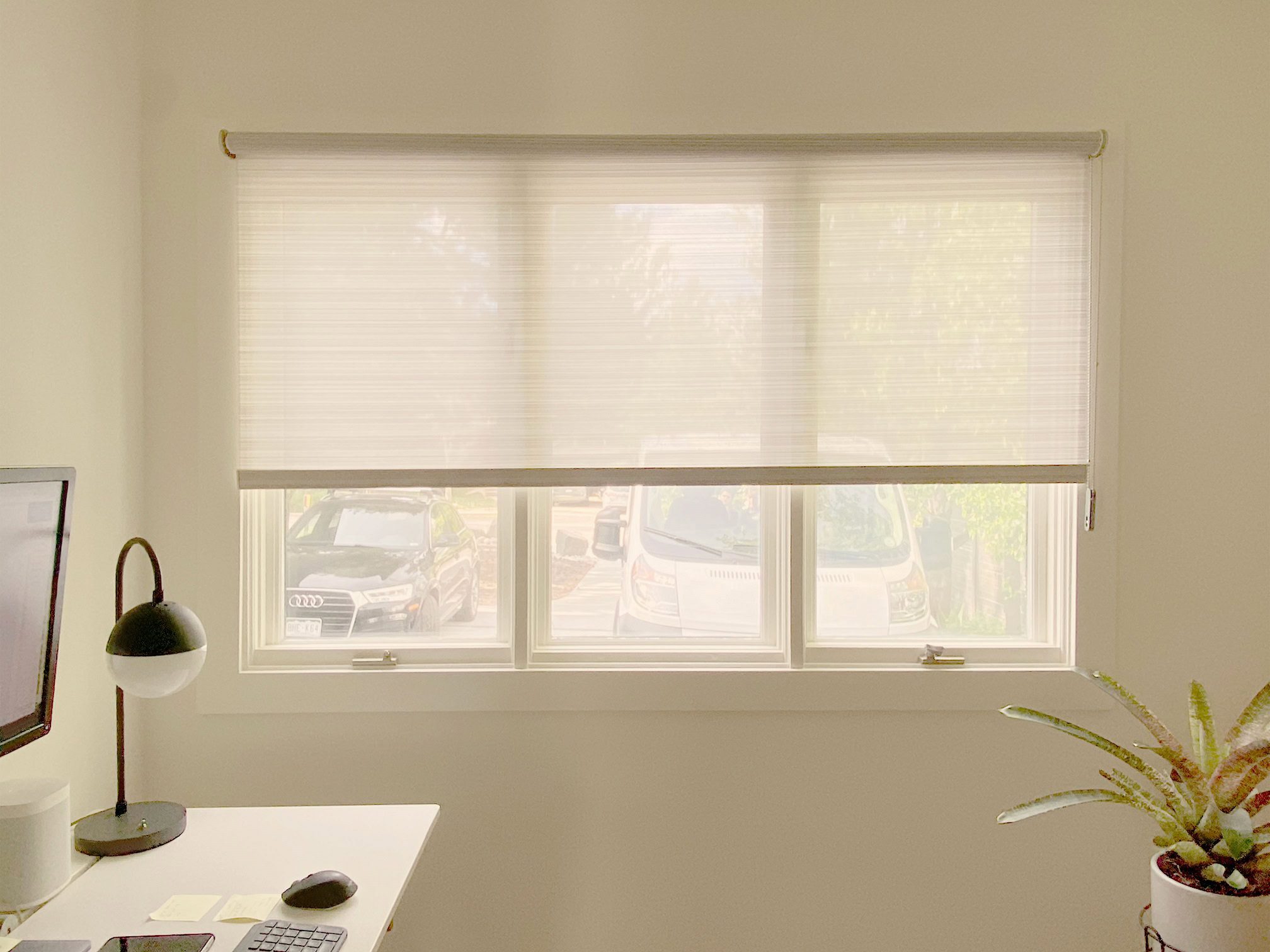 Hunter Douglas Designer Screen Shades with Custom Clutch and Light-Filtering fabric for Fort Collins home office
