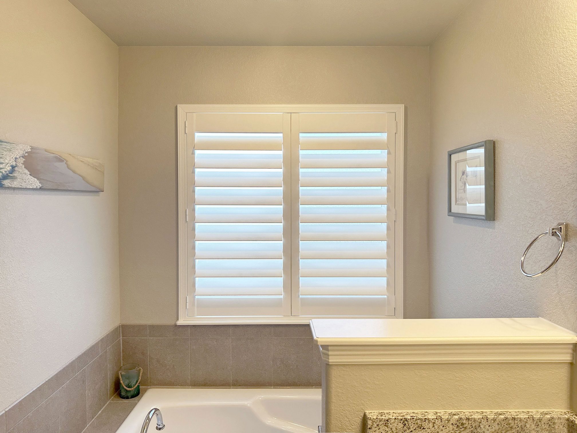 Hunter Douglas Palm Beach Polysatin Shutters with Hidden Tilt and Z Frame for Fort Collins bathroom