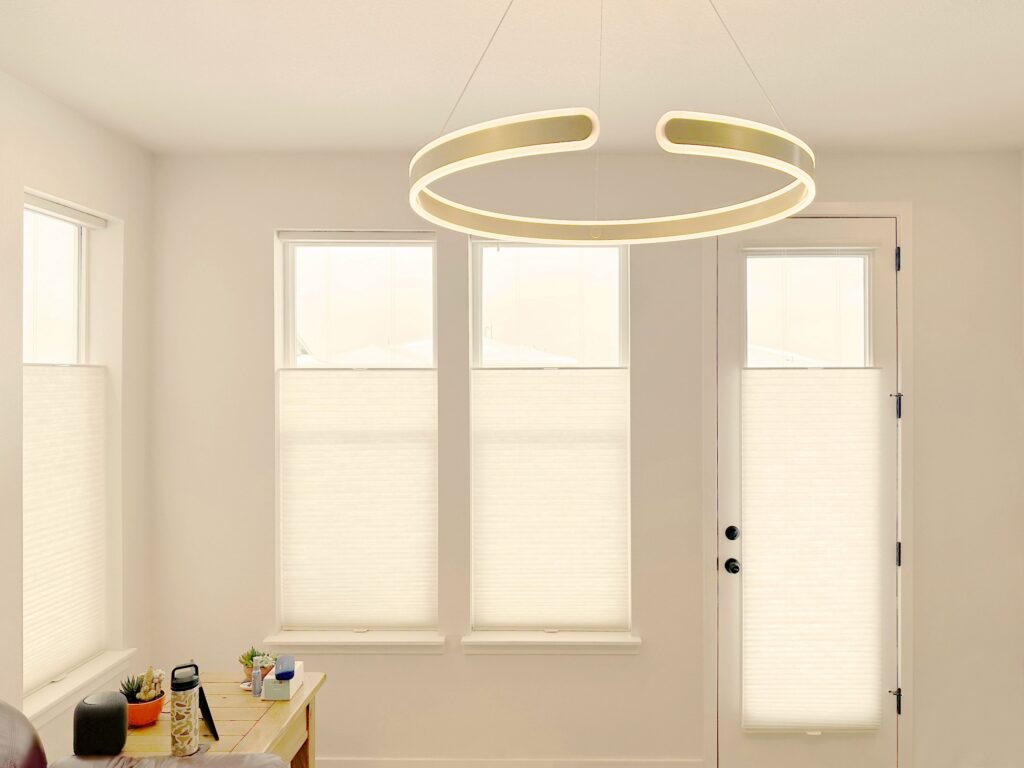 Hunter Douglas Applause Cellular Shades with LiteRise cordless operation, Top-Down Bottom-Up, and light filtering fabric for windows and doors in Colorado home