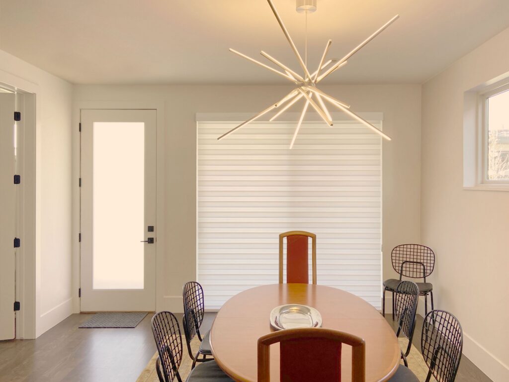 Hunter Douglas Designer Banded Shades with Custom Clutch operation and Light Filtering fabric for large windows in Colorado