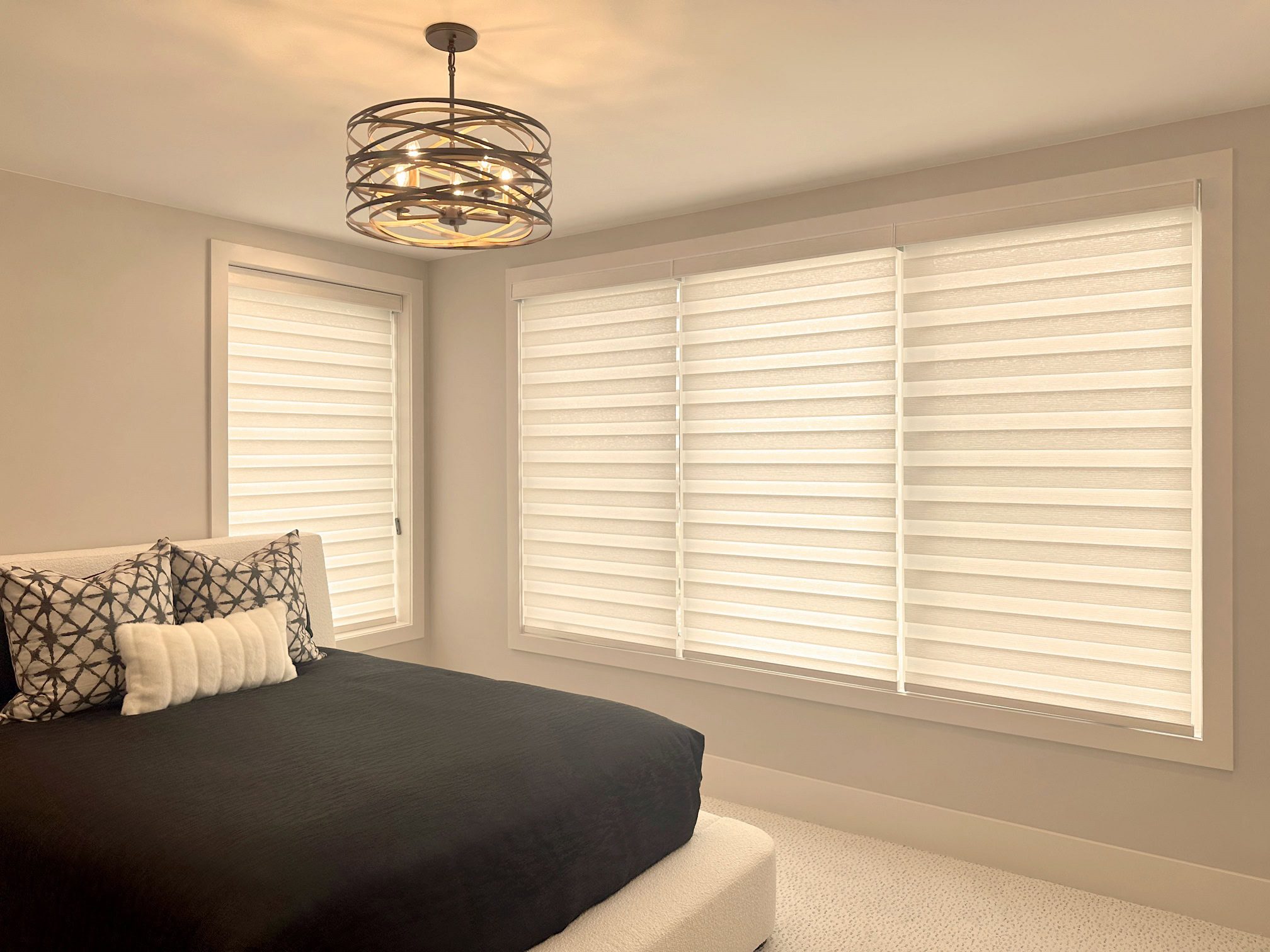 Hunter Douglas Designer Banded Shades with PowerView Automation, Custom Clutch operation, and Light Filtering fabric for Colorado home