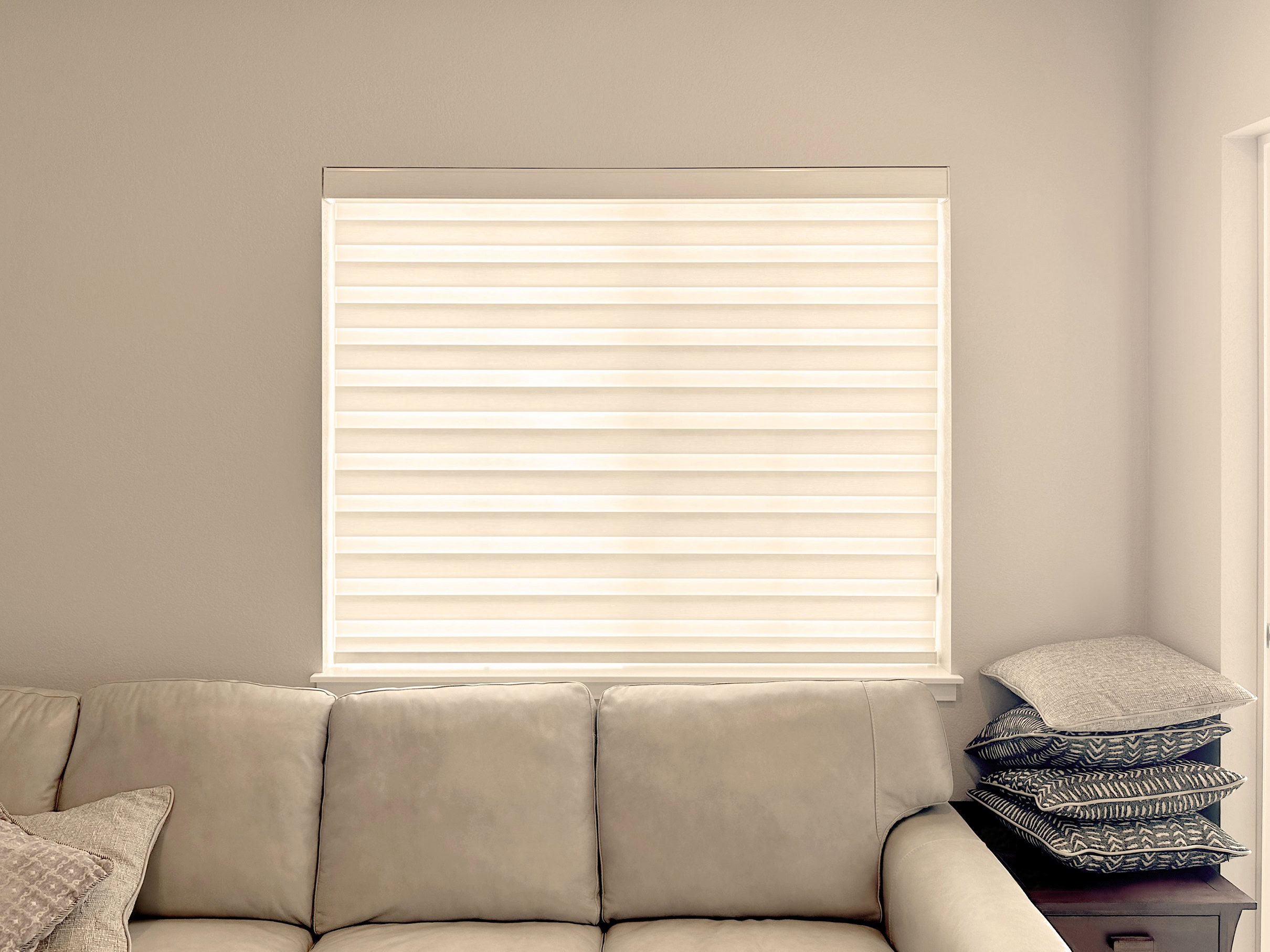 Hunter Douglas Designer Banded Shades with Light Filtering fabric and Custom Clutch operating system.