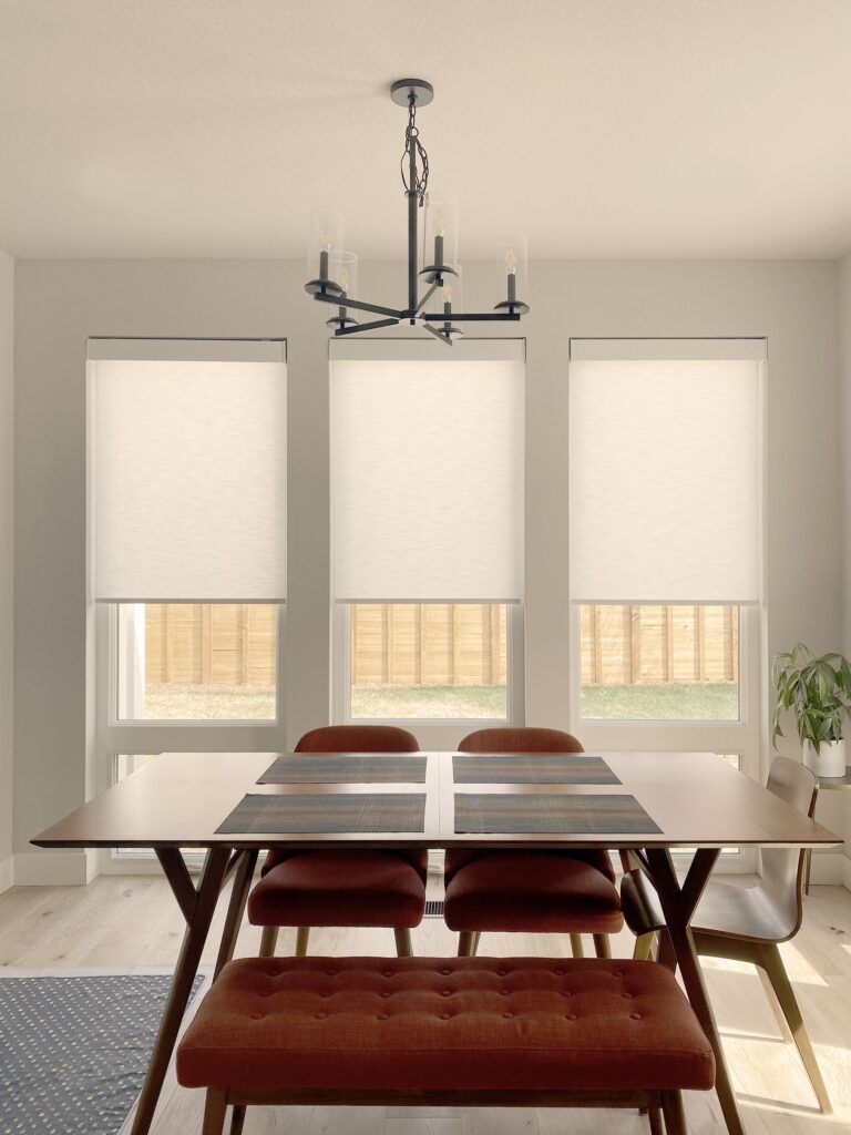 Hunter Douglas Designer Roller Shades with PowerView motorization and light filtering fabric. Installed in Denver, CO Home.