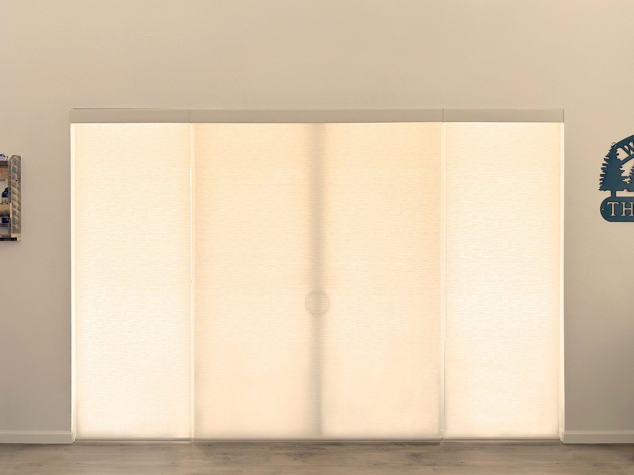 Hunter Douglas Designer Roller Shades with PowerView Automation and light filtering fabric for large glass patio door in Colorado