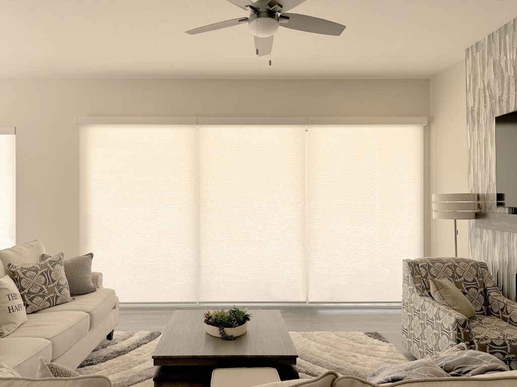 Hunter Douglas Designer Roller Shades with PowerView Automation and Light Filtering fabric for large windows in Colorado homes