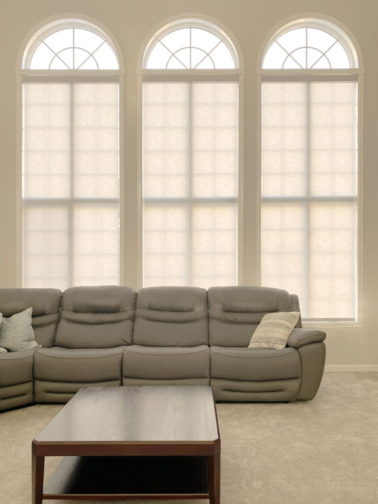 Motorized Hunter Douglas Designer Roller Shades with Light Filtering fabric for large windows in Colorado homes