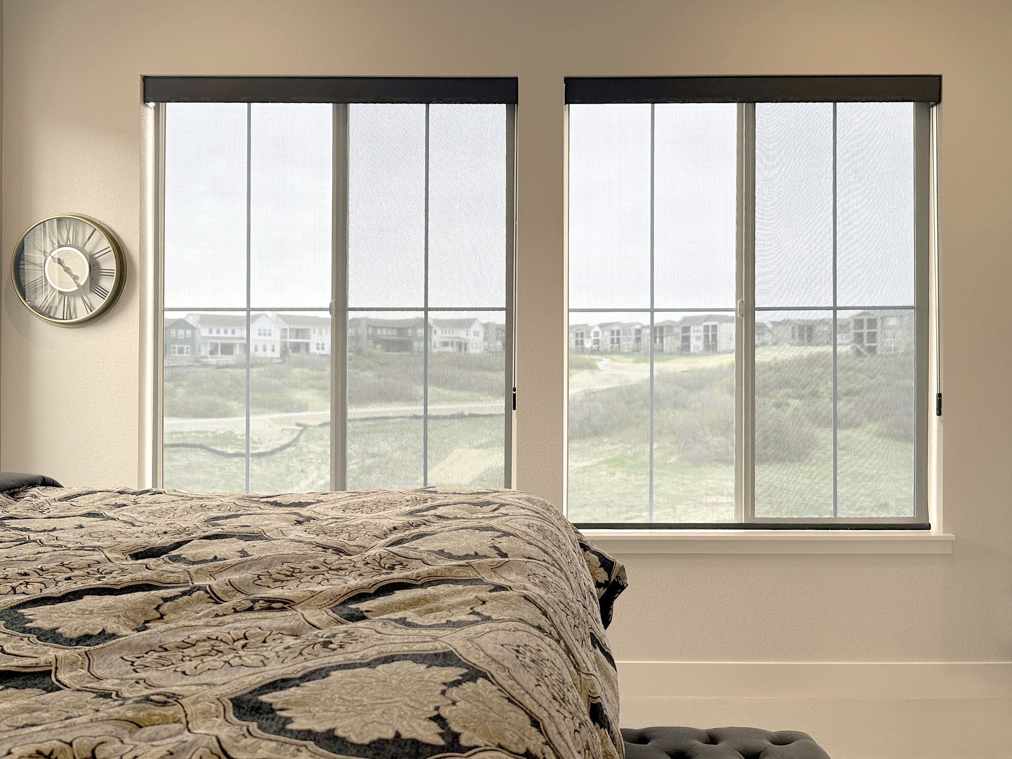 Hunter Douglas Designer Screen Shades with Custom Clutch operation and Light Filtering fabric for large bedroom windows