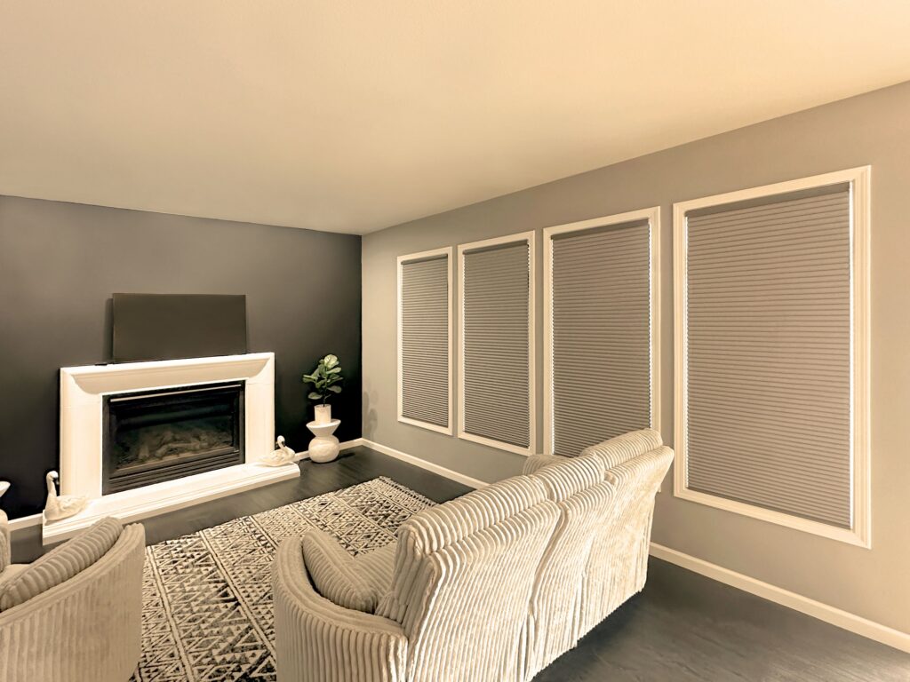 Hunter Douglas Duette Cellular Shades with PowerView Automation and room darkening fabric for Colorado living room