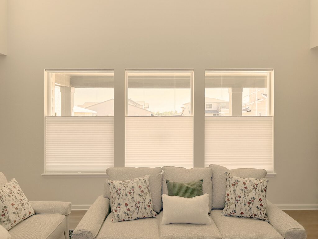 Hunter Douglas Duette Cellular Shades with LiteRise cordless operation, Top-Down Bottom-Up design, and light filtering fabric for Colorado homes