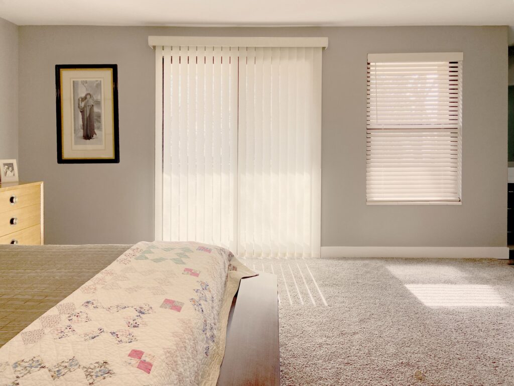 Hunter Douglas EverWood Composite Wood Blinds with SimpleLift and Vertical Solutions Vertical Blinds with Wand Control and Left Stack Vertical for Colorado homes