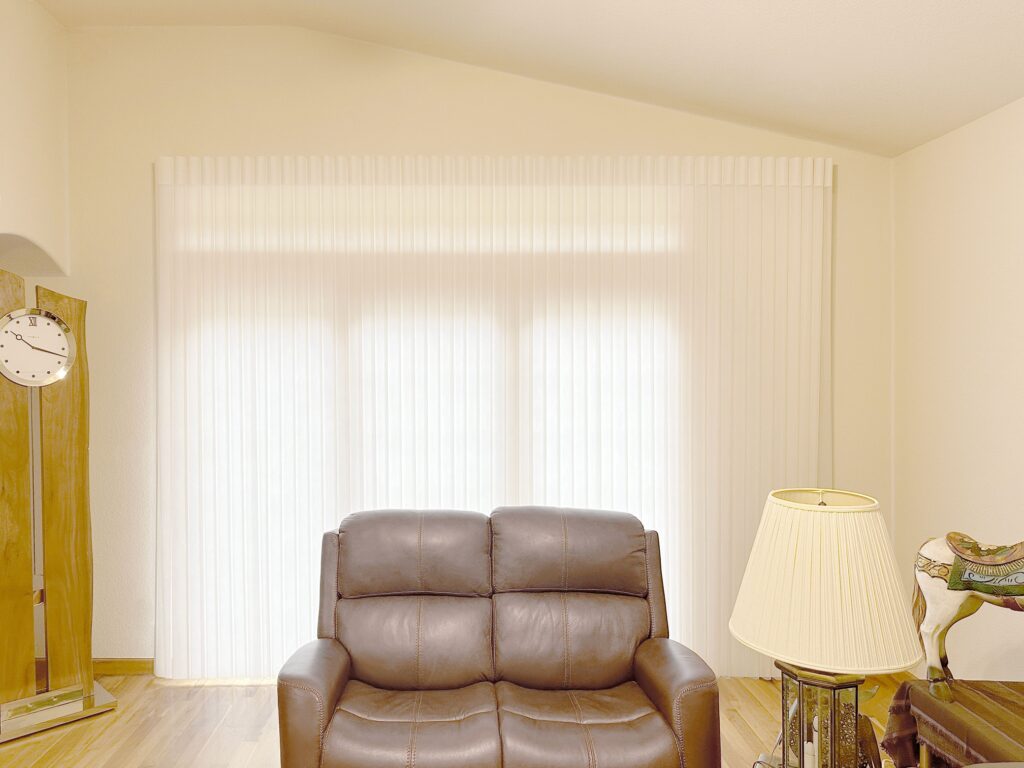 Hunter Douglas Luminette Privacy Sheers with Light Filtering fabric, PowerView Automation, and Right Stack Vertical configuration for Colorado home