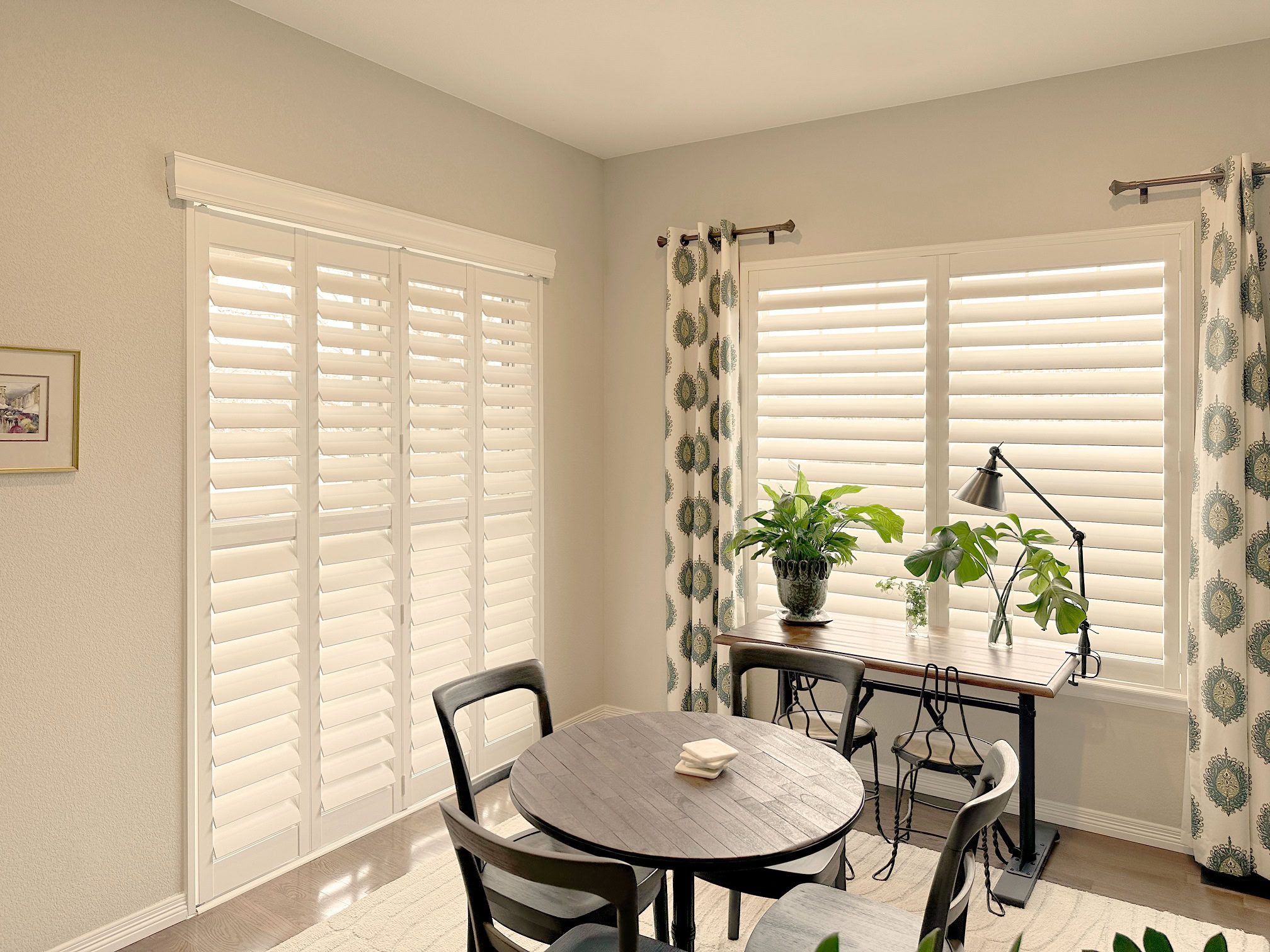 Hunter Douglas NewStyle Hybrid Shutters with Hidden Tilt, Bi-Fold Track system, and Z Frame design for Colorado home