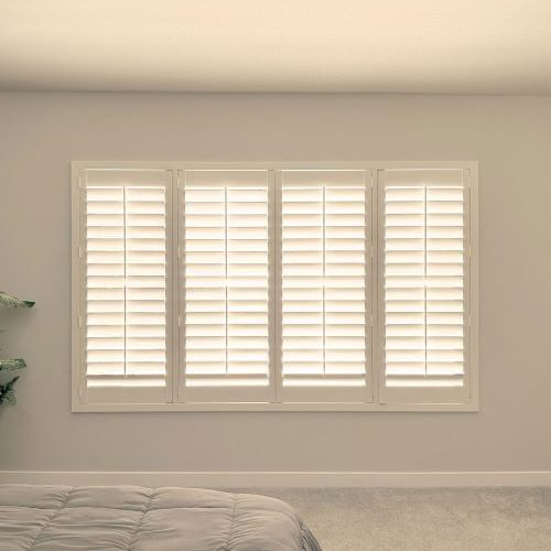 Hunter Douglas Palm Beach Polysatin Shutters with Front Center Tilt and Z Frame for windows in Colorado homes