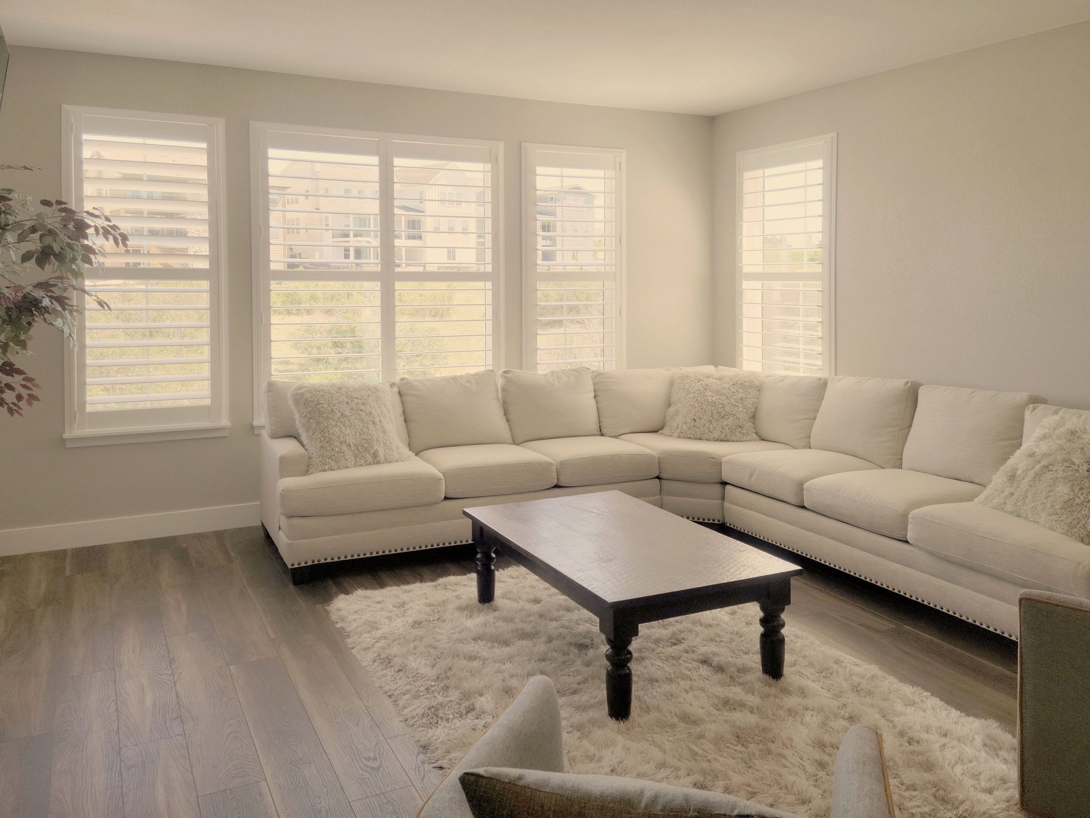 Hunter Douglas Palm Beach Polysatin Shutters with Hidden Tilt and Z Frame design for Colorado living room