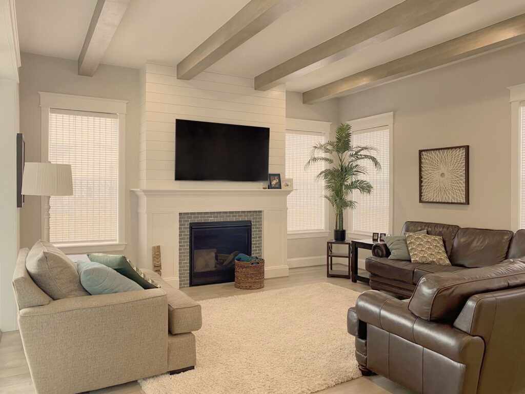 Hunter Douglas Provenance Woven Wood Shades with Light Filtering material, EasyRise operation, and Top-Down Bottom-Up functionality for Colorado living room