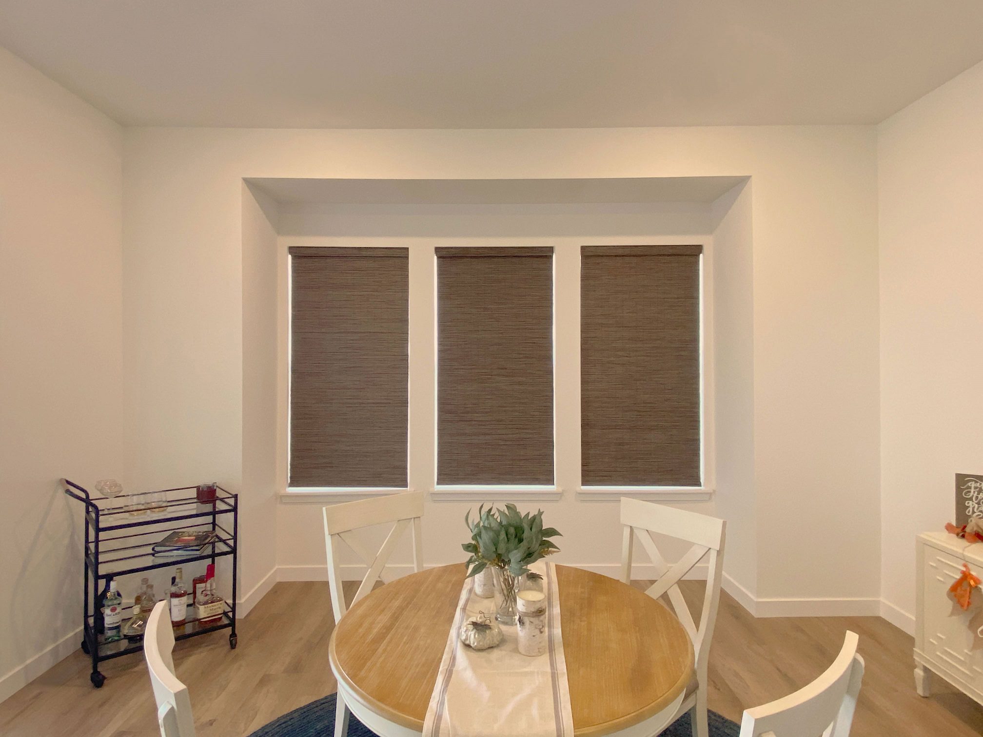 Hunter Douglas Provenance Woven Wood Shades with PowerView motorization and room darkening liner for Colorado home