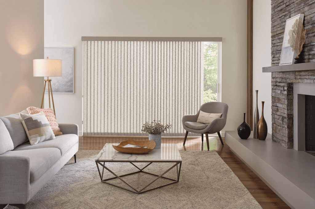 Hunter Douglas Somner Custom Vertical Blinds with Light Filtering fabric, PowerView Automation, and Split Stack configuration for Colorado home