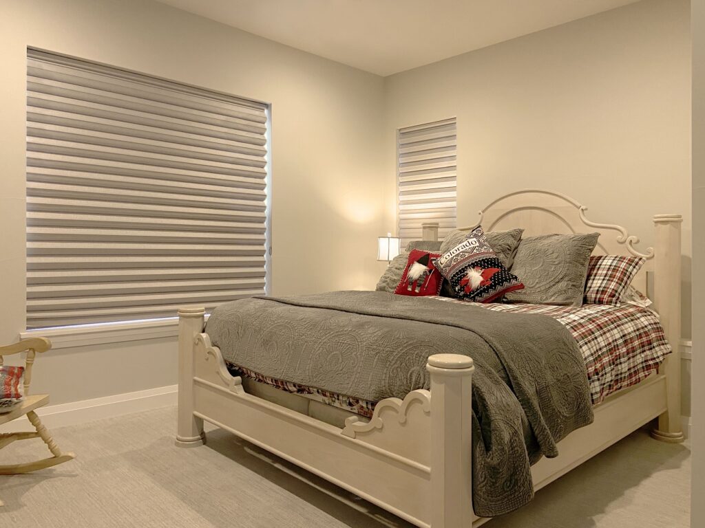 Hunter Douglas Vignette Roman Shades with Custom Clutch operation and room darkening fabric for Colorado homes