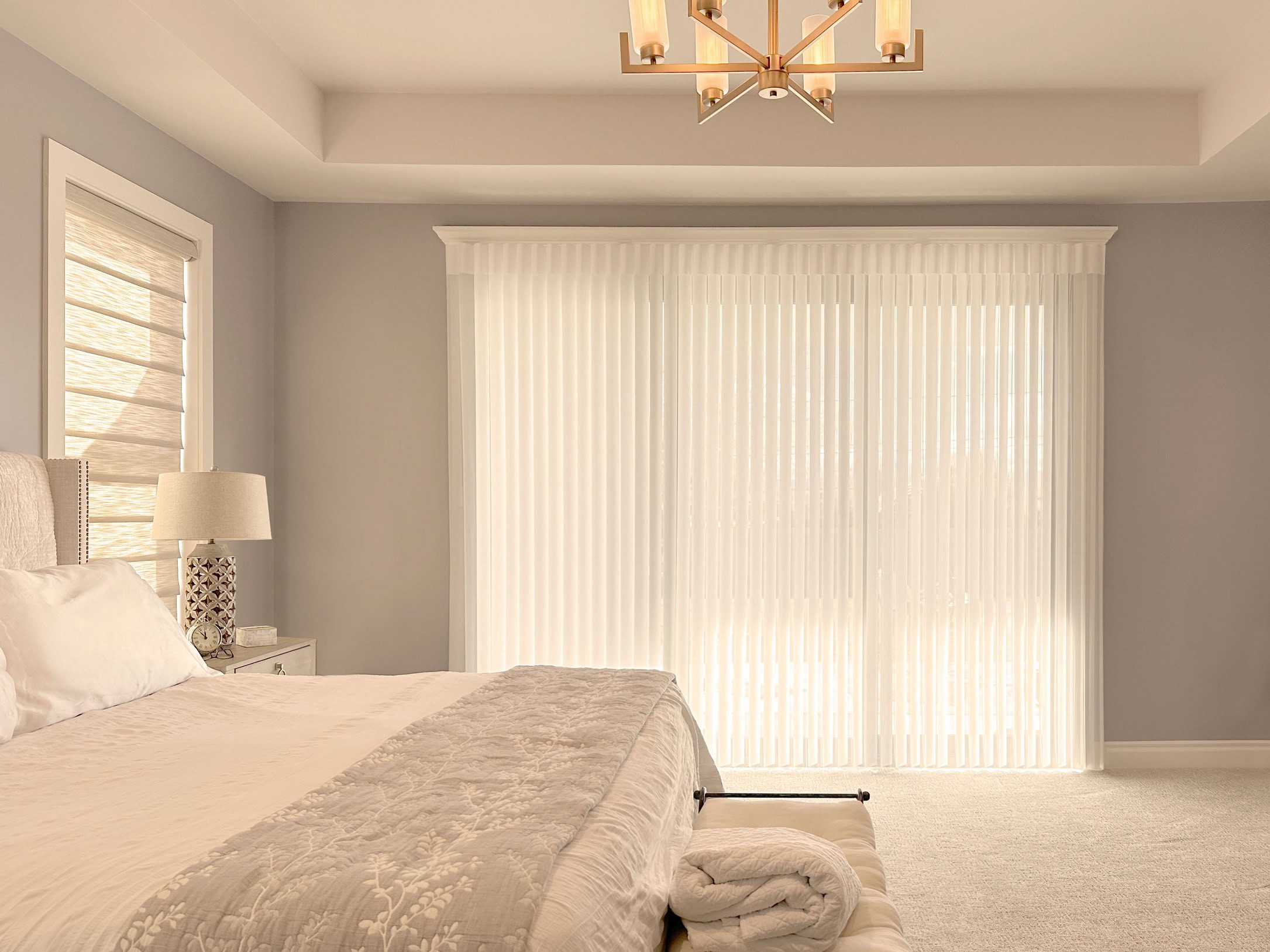 Hunter Douglas Vignette Roman Shades and Luminette Privacy Sheers with PowerView Automation, Wand Control, Right Stack vertical operation, and Light Filtering fabric for large bedroom windows and doors