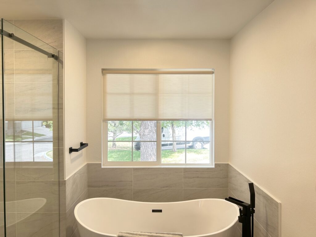 Alta Roller Shades with TouchLift and Light Filtering Fabric for Colorado Bathroom