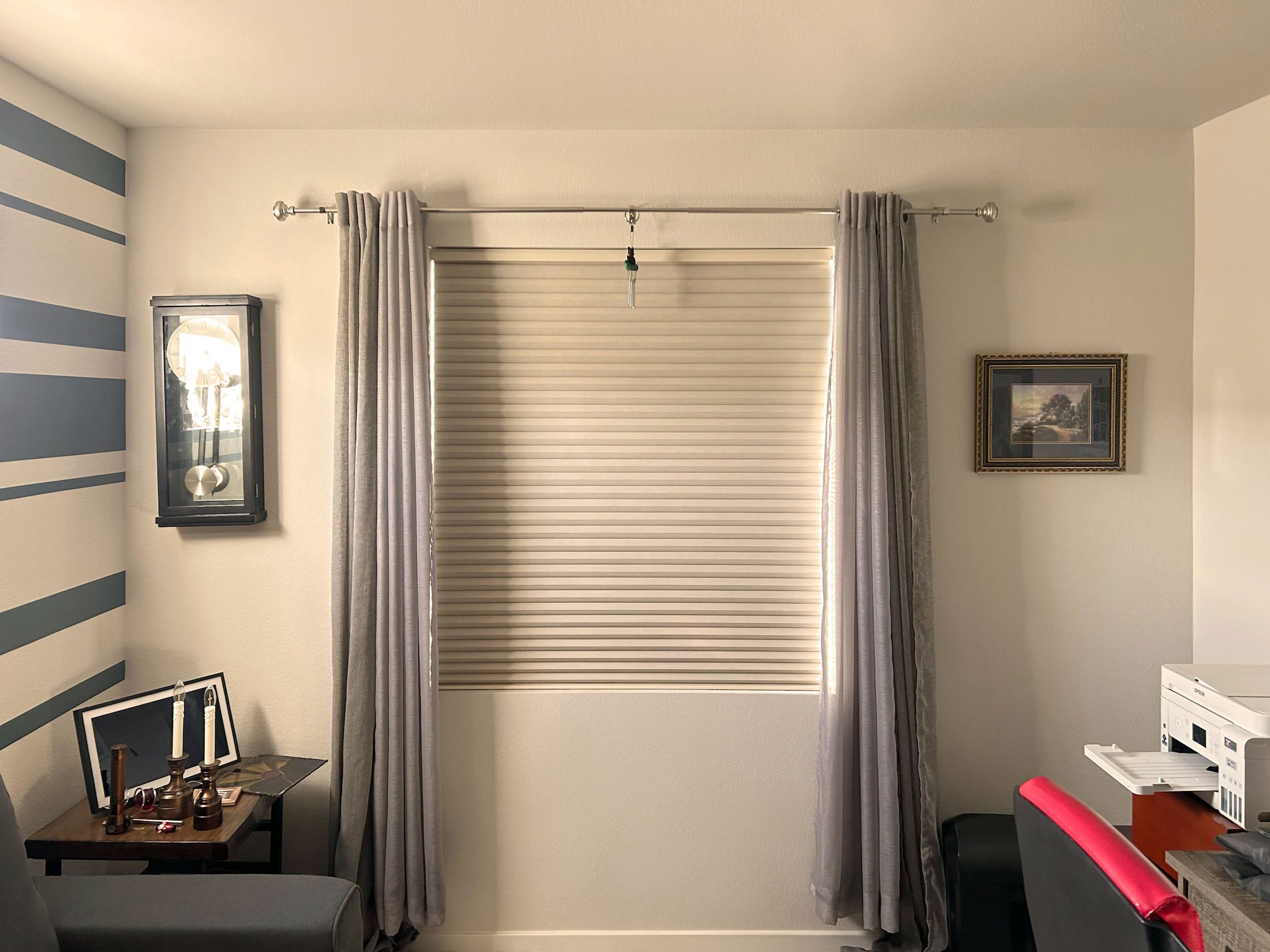 Aurora custom window curtains with beige blinds and gray drapes, enhancing privacy and style in mode.